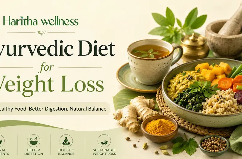 Ayurvedic diet for weight loss with Kapha-balancing foods, herbs and personalised wellness guidance at Haritha Wellness