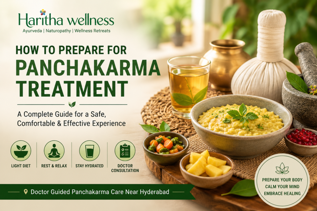Preparation for Panchakarma treatment with light Ayurvedic food, herbs, warm water and doctor-guided care at Haritha Wellness