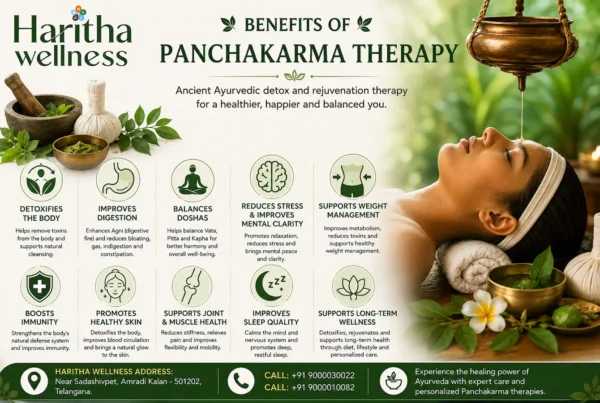 Benefits of Panchakarma Therapy at Haritha Wellness – Ayurvedic detox, Panchakarma treatment benefits, improved digestion, immunity, stress relief, weight management, and holistic wellness near Hyderabad.