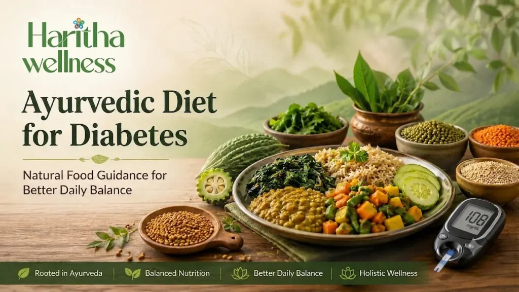 Ayurvedic diet for diabetes with vegetables, lentils, whole grains and balanced Indian meal