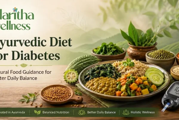 Ayurvedic diet for diabetes with vegetables, lentils, whole grains and balanced Indian meal