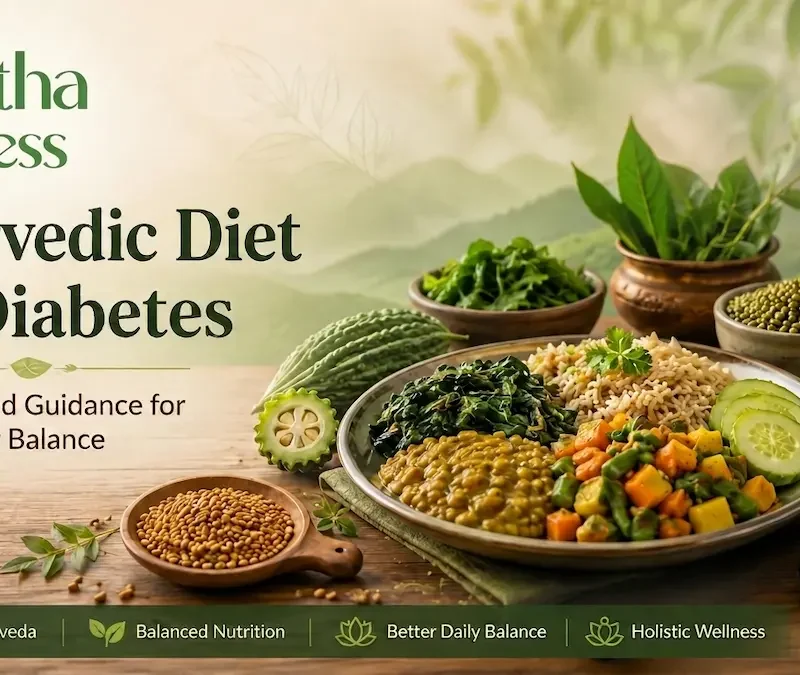 Ayurvedic diet for diabetes with vegetables, lentils, whole grains and balanced Indian meal